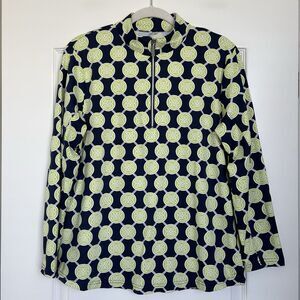 Lulu B 1/4 Zip Pullover Top Sz M Navy Blue Green Medallion Long Sleeve Athletic
